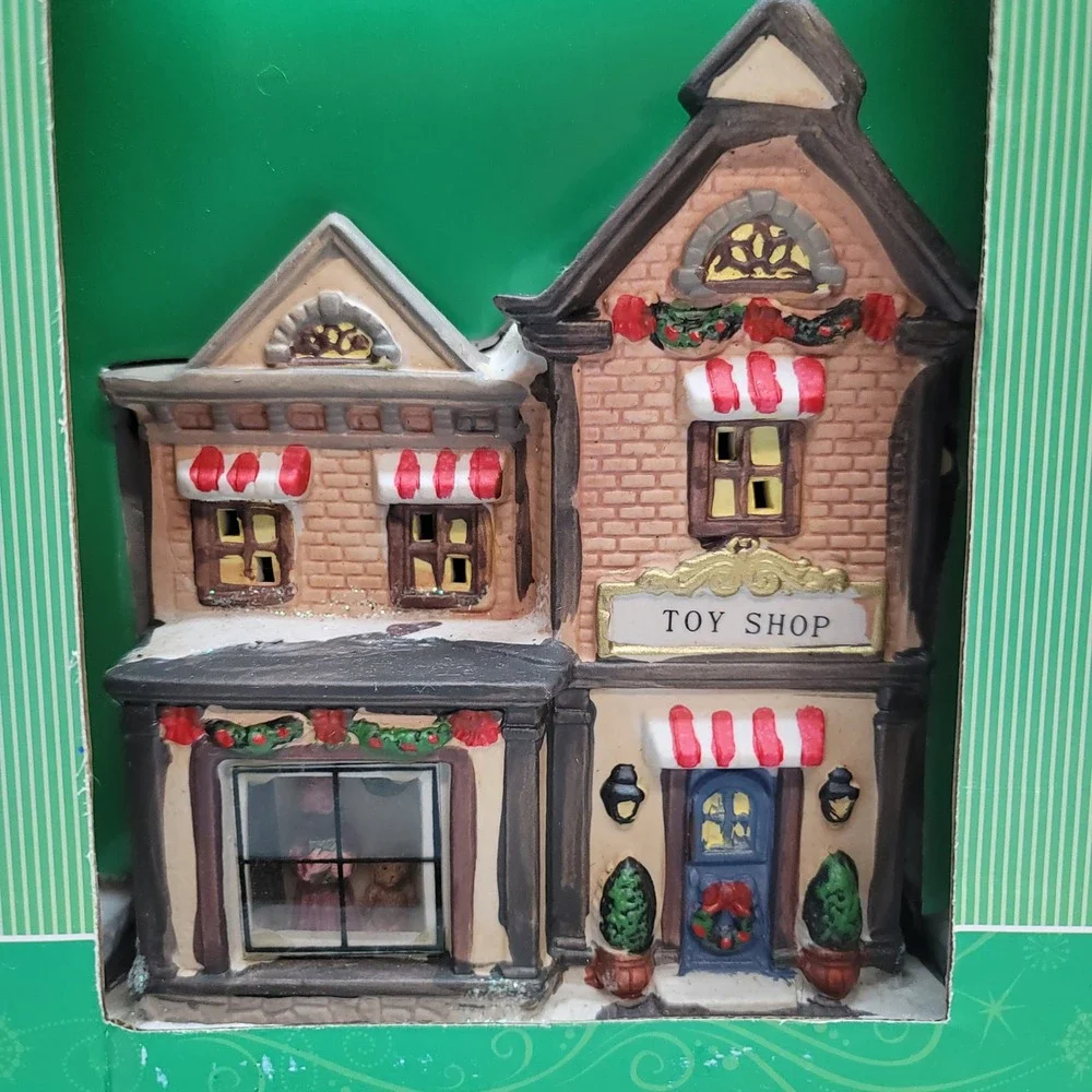 Home Elements Christmas Porcelain Lighted Village Toy Shop w/Window Scene Decor